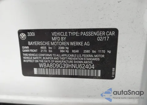 2017 BMW 330I xDrive from USA, damaged, VIN WBA8D9G39HNU62404